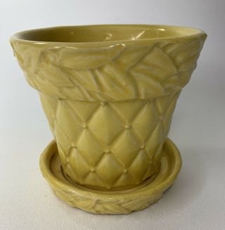 Vintage Mccoy Pottery Yellow Quilted Diamond Leaf Flower Pot Planter