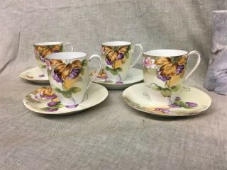 Set Of 4 Hand Painted Nippon Demitasse Cups & Saucers Pink & Purple Flowers