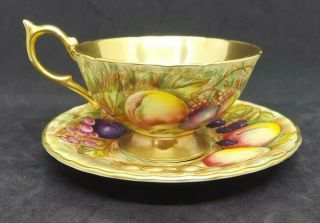 Aynsley Orchard Fruit Gold Footed Tea Cup & Saucer - Artist Signed N.  Brunt D.  Jones