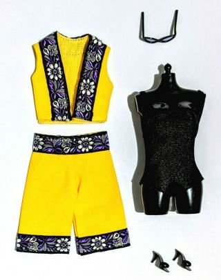 Mod Barbie Clone Doll Outfit: Yellow Embroidered Gaucho Vest Ot Heels