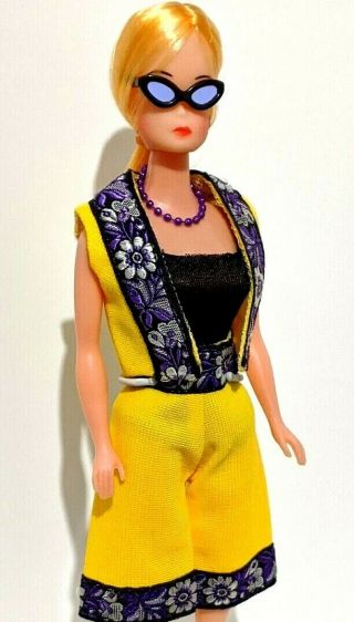 Mod Barbie Clone Doll Outfit: Yellow Embroidered Gaucho Vest OT Heels 2