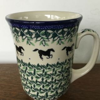 C.  A.  Polish Pottery 16 Oz Bistro Mug - - Black Beauty - Horse Pattern