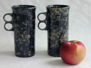 Bennington Pottery Two Dark Blue Agate Double Trigger Tall Mugs 6 1/4 " - Vermont