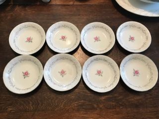 Set Of Eight Royal Swirl China Pink Roses Silver Rim 5.  5/8 " Fruit Dessert Bowls