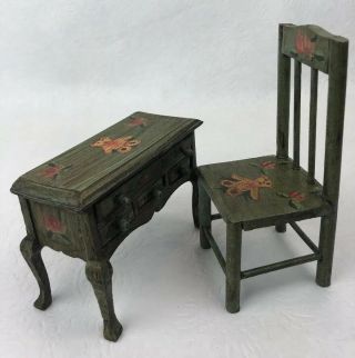 Dollhouse Miniature Desk & Chair Hand Painted Wood Furniture Green Flowers Bears