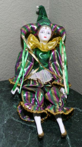 Resin And Cloth Harlequin Jester Mardi Gras Style Doll 17 "