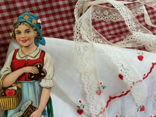 Antique Paper Doll Lace Trim Vtg Hanky Embroidery Heart Red Quilt Gingham Fabric