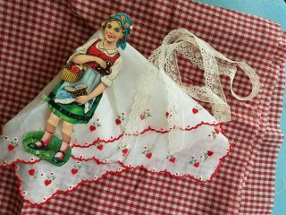 Antique Paper Doll Lace Trim VTG Hanky Embroidery Heart Red Quilt Gingham Fabric 2