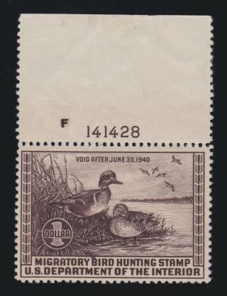Us Rw6 $1 Federal Duck Stamp Plate Single F - Vf Og H Scv $100