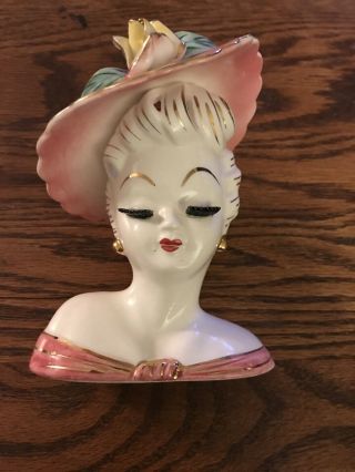 Vintage Lady Head Vase - Unmarked - Pink Hat With Yellow Raised Rose - Gold Trim