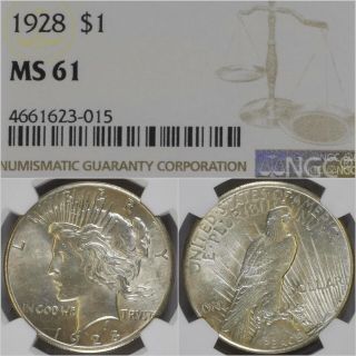 1928 $1 Silver Peace Dollar Ngc Ms61 Pq Key Date