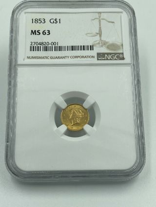 1853 Ngc Ms63 Gold Dollar $1 Great Luster