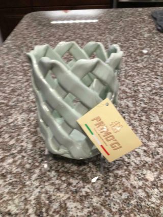 Primo.  Gi 5.  5 " Green Ceramic Woven Pottery Basket Handmade In Italy,  Nwt