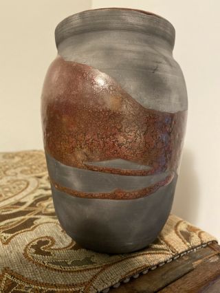 Hawaiian Raku Studio Art Pottery Signed Vase Iridescent Copper Rim & Design