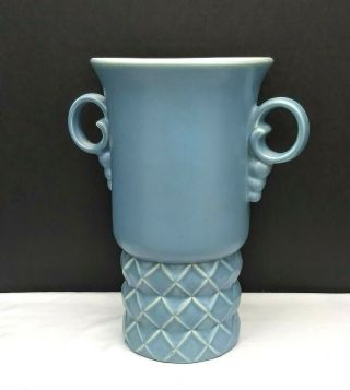 Vintage Red Wing Art Pottery Vase Matte Blue Ring Handles 1207