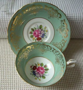 Vintage Paragon China Tea Cup & Saucer Green Band Gold Design & Floral A4796