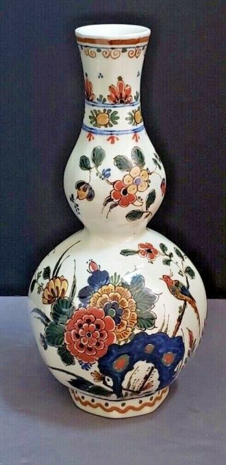 Royal Delft De Porceleyne Fles Polychrome Gourd Shape Vase Bird Floral Flowers