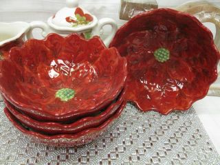 Maxcera Red Poinsettia Flower Appetizer Dipping Bowls Christmas 4 Pc Set