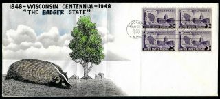 1948 Wisconsin Statehood Centennial Block Of 4 Fdc 957 - Hand Painted