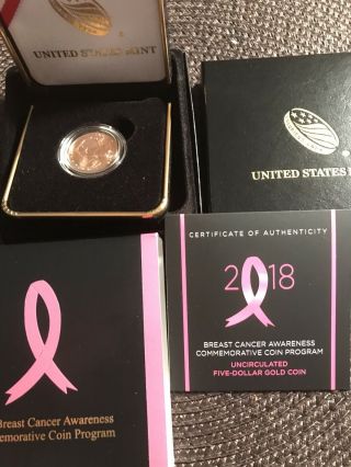 2018 W Pink Gold Breast Cancer Awareness $5 Rose Gold Bu Coin Ogp W/ Box