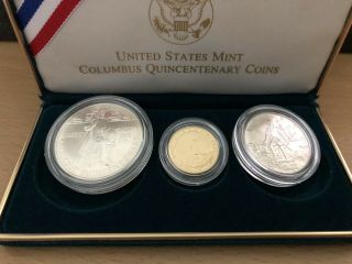 1992 Us Columbus Quincentenary 3 Coin Unc Set: $5 Gold $1 Silver,  Half