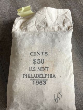 1963 P Uncirculated Penny Cent Canvas Bank Bag 5000 Coins $50 Face Copper