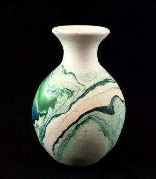 Vintage Namadji Pottery Usa Green Swirl Pattern On Beige Vase 4 "