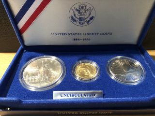1886 - 1986 U.  S.  Unc Liberty Commemorative 3 Coin Set $5 Gold $1 Silver &.  50c