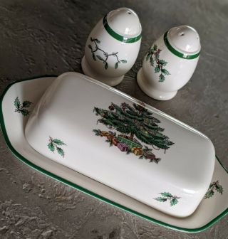 Spode China Christmas Tree Butter Dish And Salt & Pepper Shakers