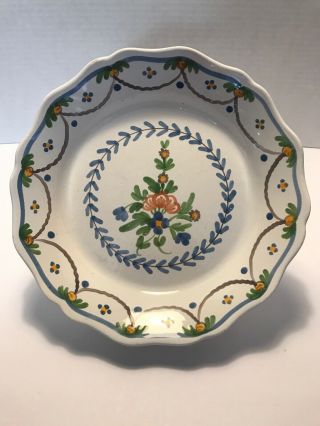 French Faience Pottery Hand Painted Blue Flowers Floral Scalloped Edge 9” Plate