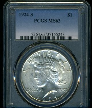 1924 - S Peace Dollar Pcgs Ms63 - - - Bright White Coin - - - Rich Luster - - - Key Date