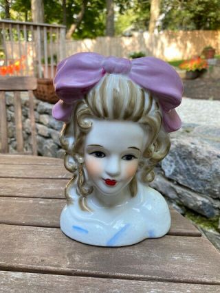 Vintage Nippon Hand - Painted Lady Head Vase 7 " With Pink Bow