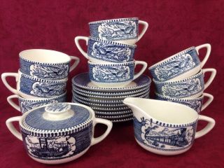 Currier And Ives China Set Of 9 Cups & Saucers Plus Creamer & Lidded Sugar