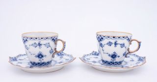 2 Cups & Saucers 1038 - Blue Fluted Royal Copenhagen Full Lace - Damages