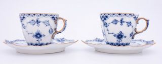 2 Cups & Saucers 1038 - Blue Fluted Royal Copenhagen Full Lace - Damages 2