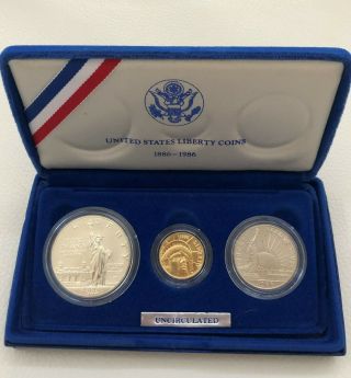 1986 - U.  S.  Liberty 3 - Coin Set W/coa ($5 Gold,  $1 & Half - Dollar Silver)