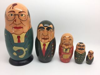Matryoshka Vintage 7 " Wood Nesting Dolls,  Set Of 5 W/ Russian Leaders (rf548)