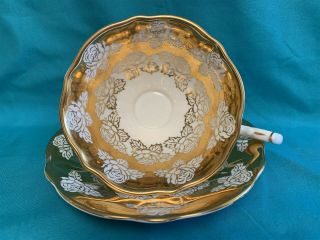 Queen Anne Heavy Gold Gilt With White Roses Tea Cup & Saucer