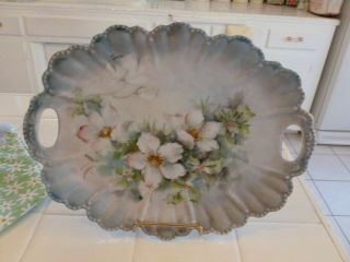 Vintage Hand Painted Hp Signed Dresser Vanity Tray With Pink Floral And Holly