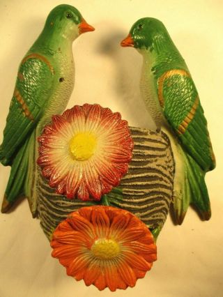 Vtg Double Bird / Parrot Planter Vase Wall Pocket Art Deco Clay Pottery Vgc
