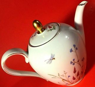 Eschenbach Bavaria Teapot Vintage 8 " Wide Floral Dragonflies Gold Accents