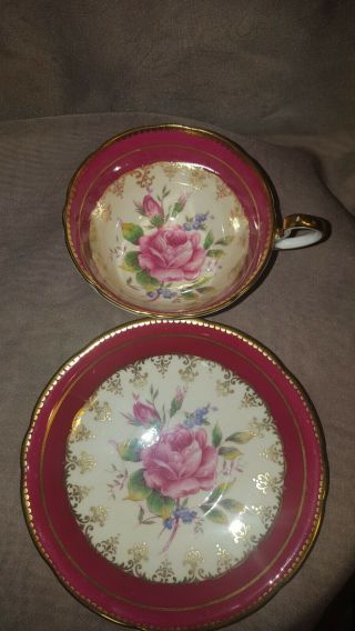 Vintage Aynsley Red Teacup & Saucer Large Pink Cabbage Rose England See Descr.