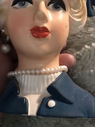 Vintage Napco ? Japan Lady Head Vase,  5” C8455 Blonde w/pearls 3