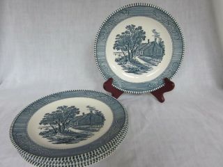 Set Of 6 Vintage Royal China Currier & Ives Blue & White 7 1/4 " Salad Plates
