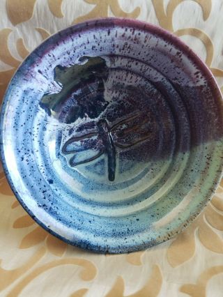 Studio Art Pottery Dragonfly Bowl Hand - Thrown Artist Signed Gorgeous Denim Glaze
