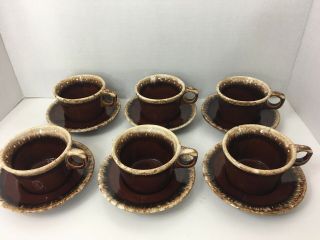 Vintage Hull Pottery Crestine Usa Brown Drip Ware Teacup And Saucer Set Of 6