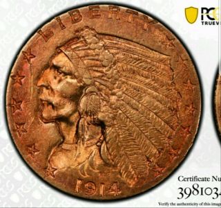 1914 D $2.  5 Gold Quarter Indian Meteoric red fireball toning : -) 2