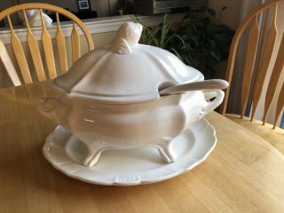 Vintage Whittier White Pottery Soup Tureen W/ Lid,  Ladle & Underplate Usa