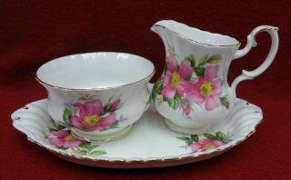 Royal Albert China Prairie Rose Pattern Mini Creamer,  Open Sugar Bowl & Tray Set