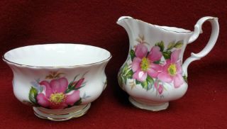 ROYAL ALBERT china PRAIRIE ROSE pattern Mini Creamer,  Open Sugar Bowl & Tray SET 3